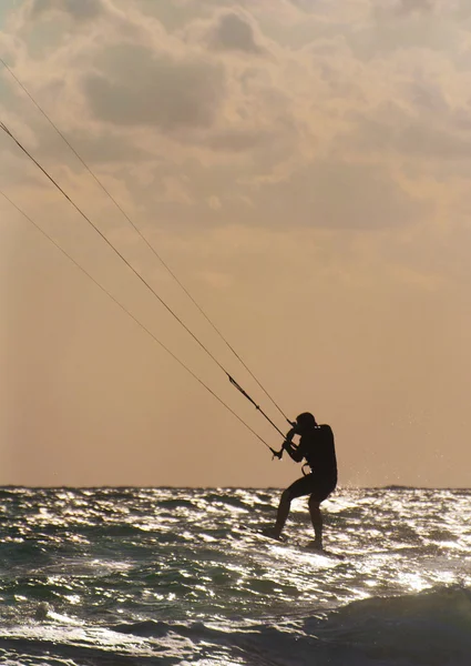 Kitesurfing. Kitesurfer rider bølgerne ved solnedgang - Stock-foto