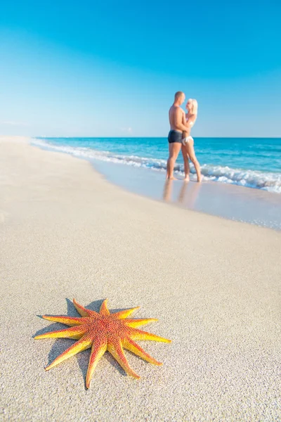 Para kochanków w piaszczystej plaży z dużym rozgwiazda czerwona — Zdjęcie stockowe