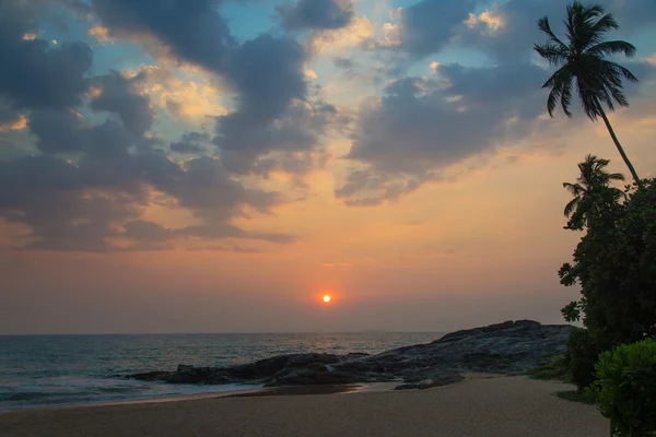 Tramonto sopra la spiaggia dell'oceano contro rocce e palme — Foto Stock