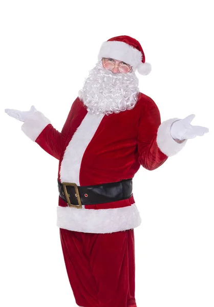 圣诞老人真实的画像 孤立在白色的背景下 以某种滑稽的 无助的 缺乏知识的或摆出某种姿势举起他的手 圣诞问候的概念 — 图库照片