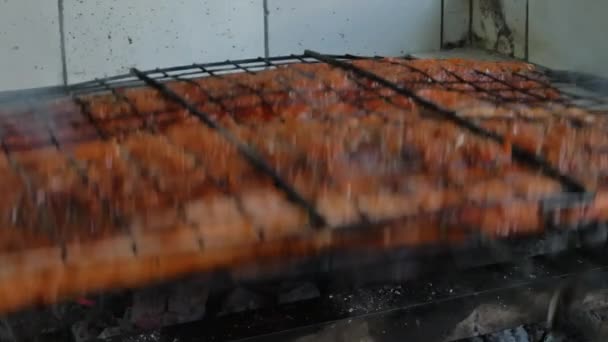 Visfilets worden op de grill gekookt. — Stockvideo