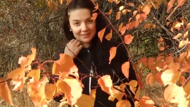 Kobieta uśmiechnięta, patrząca na szkarłatne liście drzewa. — Wideo stockowe