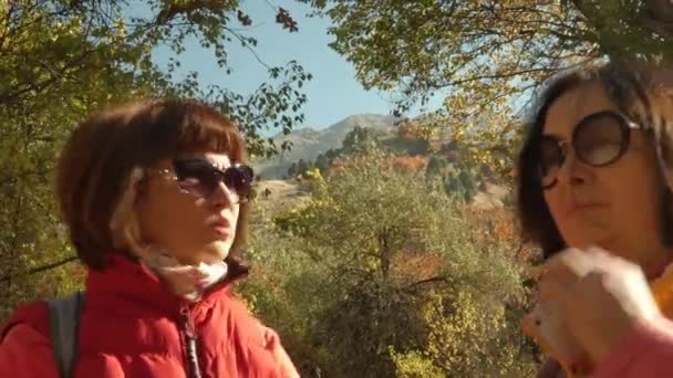 Dvě ženy turistky v pozadí podzimní horské krajiny. — Stock video
