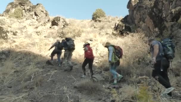 Un grupo de turistas está escalando una montaña. — Vídeos de Stock