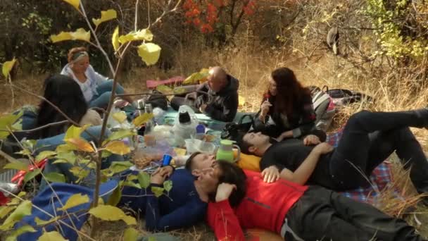 Un gruppo di turisti riposa sull'erba secca in una giornata autunnale. Video Stock