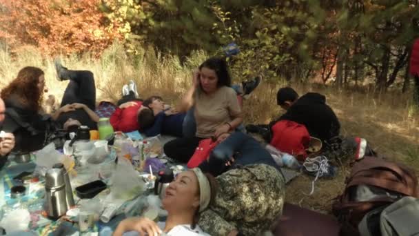 Un grupo de turistas descansa sobre la hierba seca en un claro después de una comida. — Vídeos de Stock