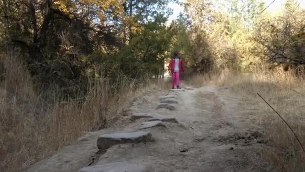 Meisje loopt bergafwaarts stappen over stenen — Stockvideo