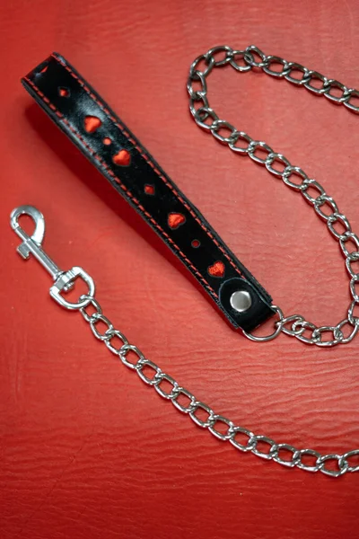 Leather Handcuffs Chain Red Background — Stock Photo, Image