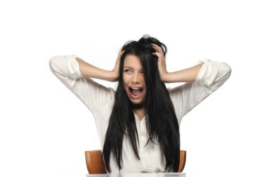 A frustrated and angry woman is screaming out loud and pulling her hair. clipart
