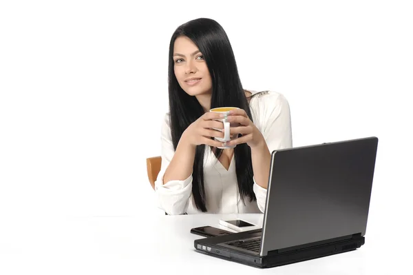 Ritratto di donna d'affari felice con un computer portatile — Foto Stock