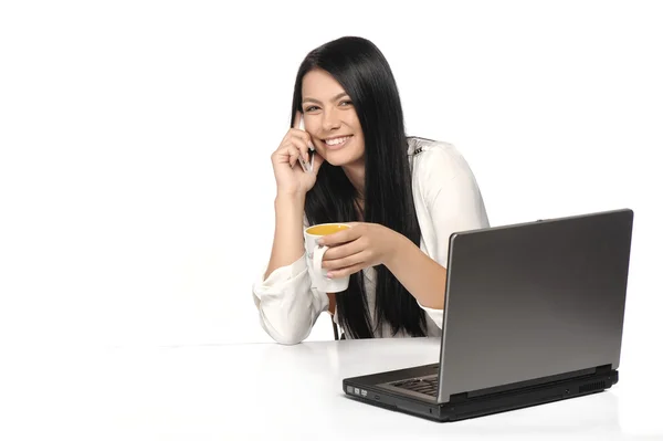 Retrato de mujer de negocios feliz con un ordenador portátil —  Fotos de Stock