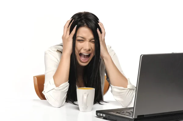 Mulher gritando nervosamente para o laptop isolado em branco . — Fotografia de Stock