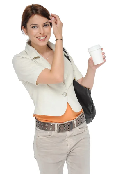 Kobieta trzyma filiżanki kawy w dłoni — Zdjęcie stockowe