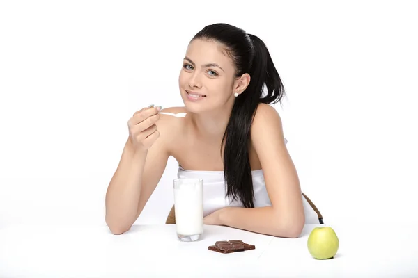 Woman drink yogurt — Stock Photo, Image