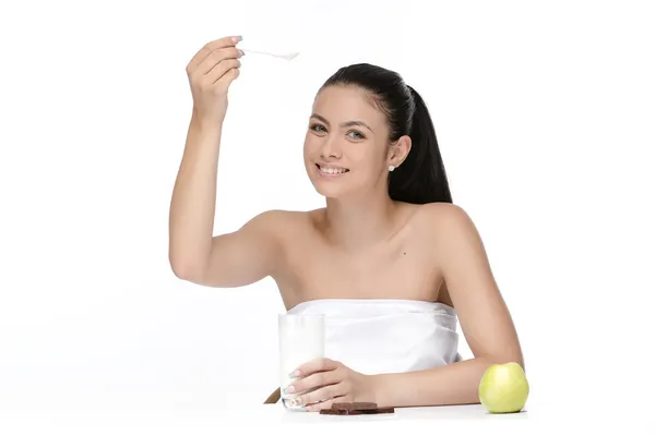 Woman drink yogurt — Stock Photo, Image