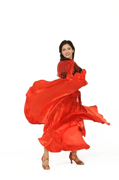 Flamenko dans genç bir kadın. beyaz izole — Stok fotoğraf