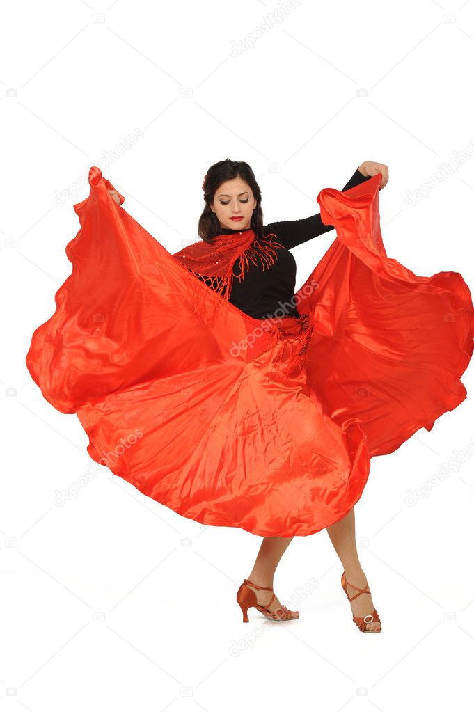 young woman dancing flamenco. Isolated on white