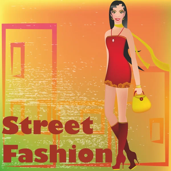 Una chica en un vestido rojo con una bufanda amarilla — Vector de stock