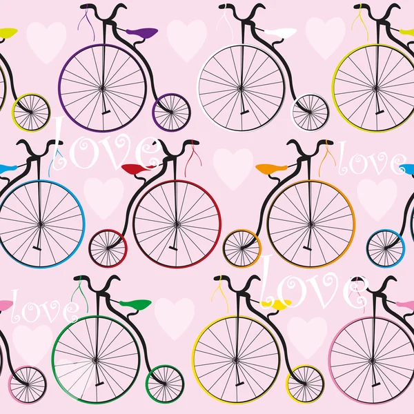 Υφή με παλιά ποδήλατα και καρδιές — Διανυσματικό Αρχείο