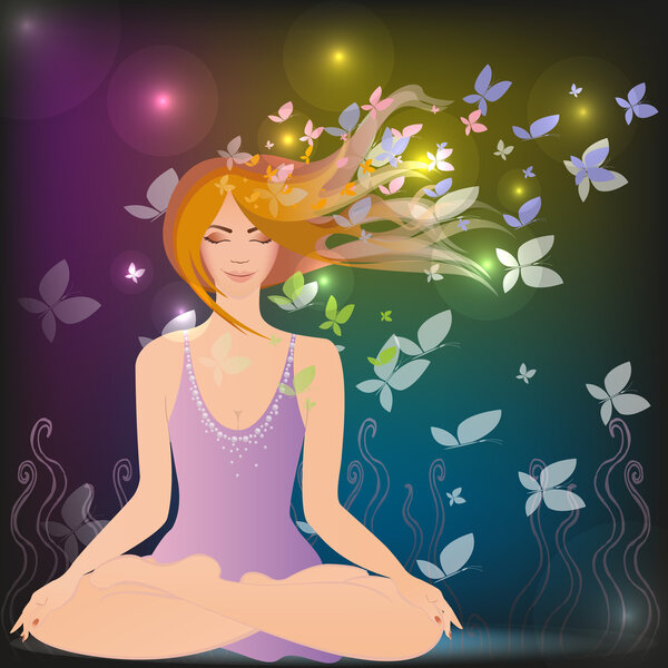 Woman meditating in the magic forest