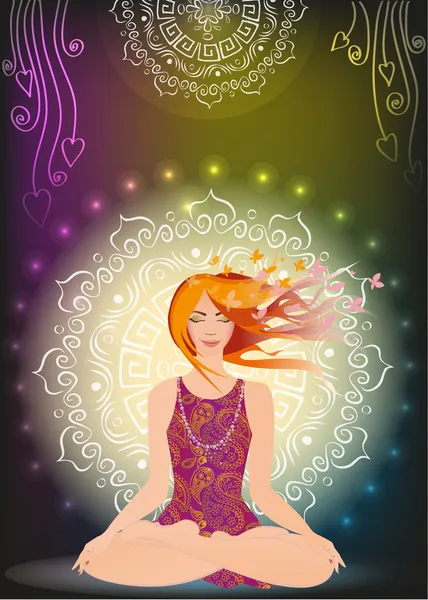 Chica meditando en el fondo del mandala — Vector de stock