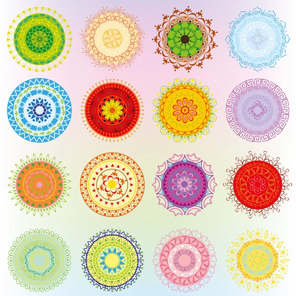 Gran conjunto con adornos de colores en forma de mandalas Gráficos vectoriales