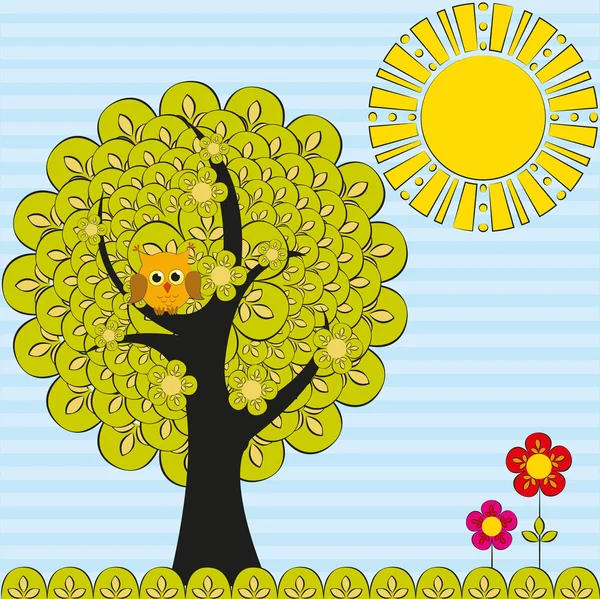 Illustrazione cartone animato con albero e gufo — Vettoriale Stock