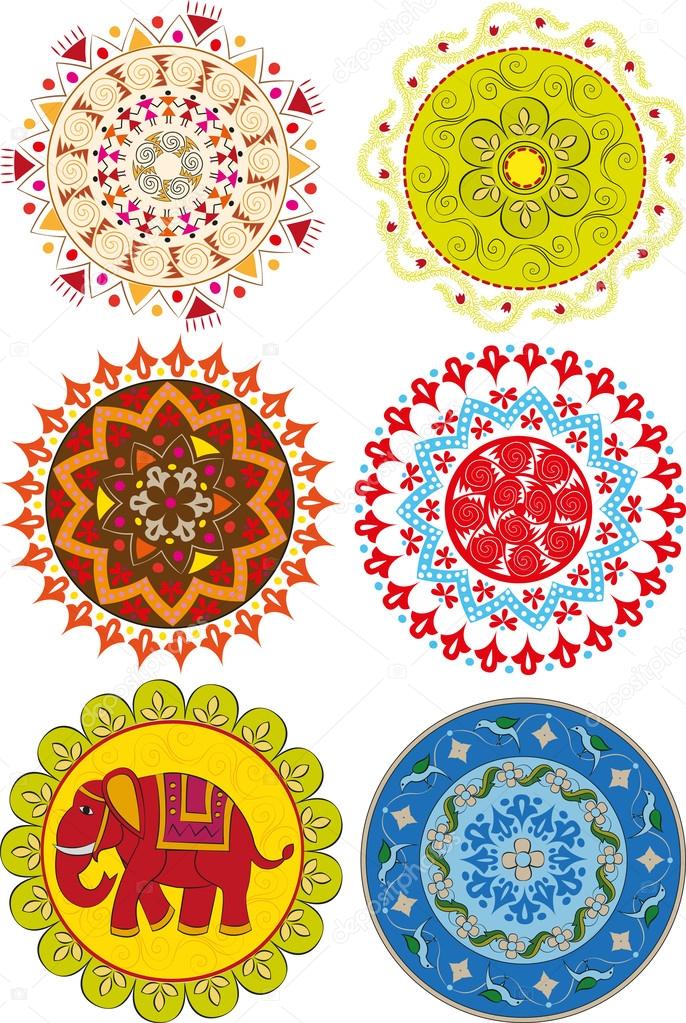 Set of colored Indian mandalas and patterns