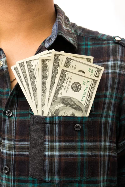 Dollar in his front pocket. — Stock Photo, Image