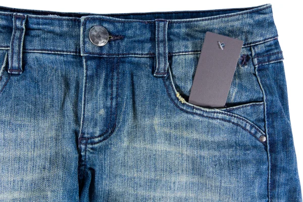 Blue jeans detail blank tag paper jeans label — Stock Photo, Image
