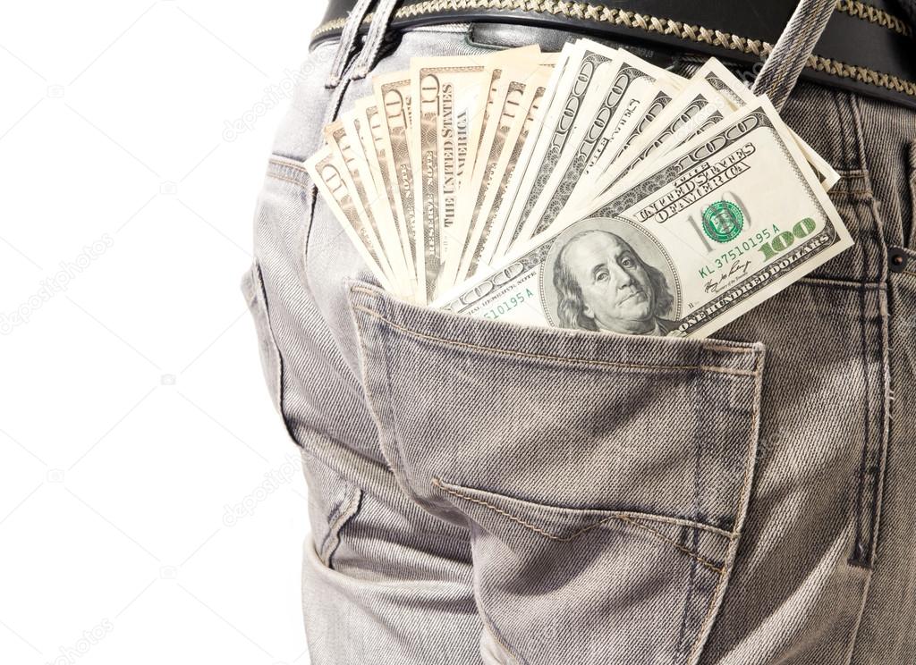 Dollar in his back pocket blue jeans.