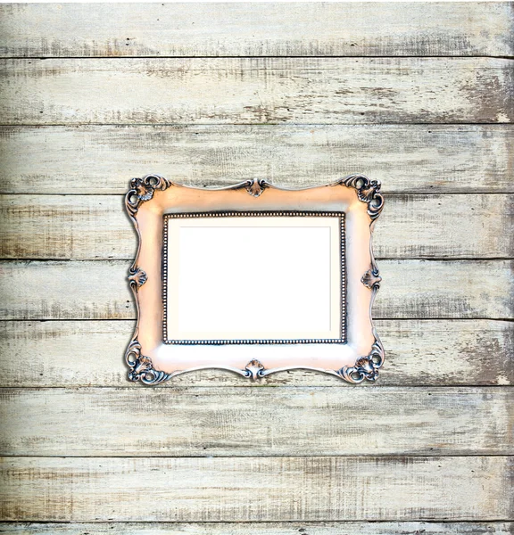 Silver Vintage picture frame on old wood background — Stock Photo, Image