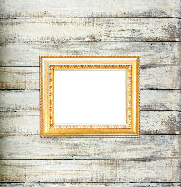 Gold Vintage picture frame, wood plated, old wood background, clipping path included
