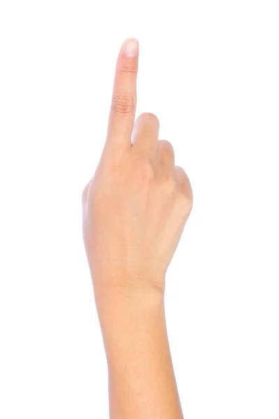 Γυναίκα χέρι αγγίζοντας εικονική οθόνη. Απομονωμένα σε λευκό. — Φωτογραφία Αρχείου