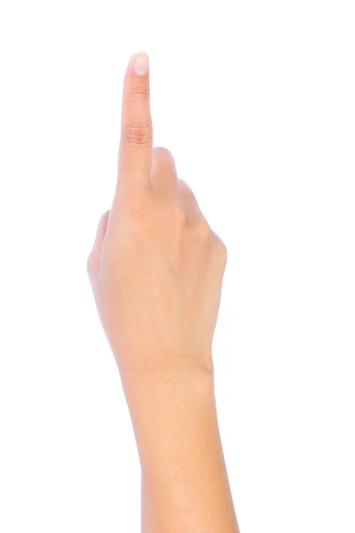 Kadın eli sanal ekrana dokunuyor. Beyazda izole edilmiş.