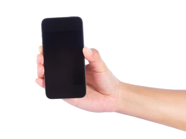 cep telefonu üzerinde beyaz izole için beyaz bir kadın eli