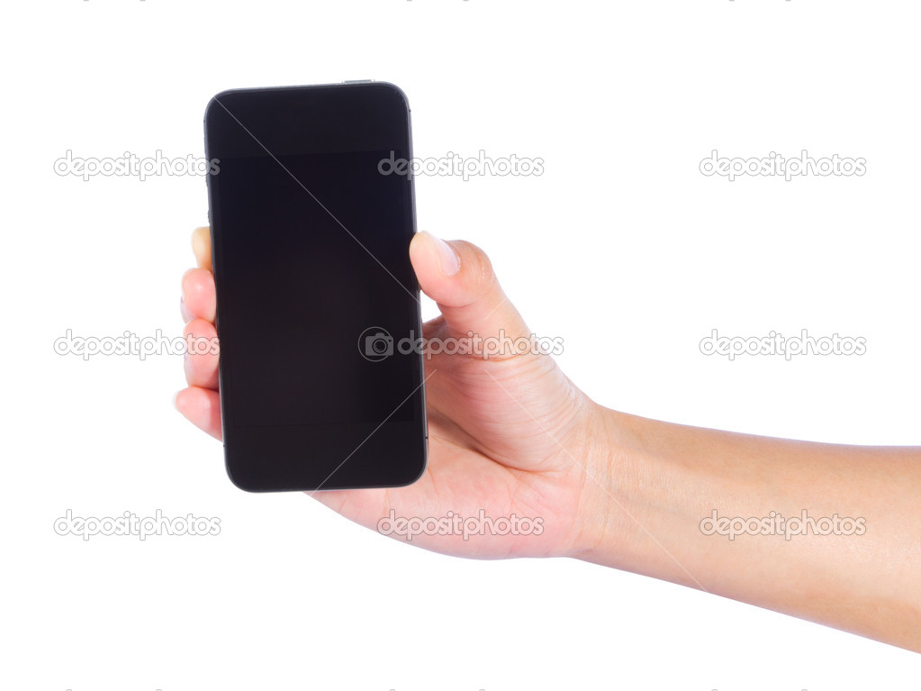 Hand of a caucasian female to mobile phone isolated on white