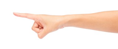 Kadın eli sanal ekrana dokunuyor. Beyazda izole edilmiş.