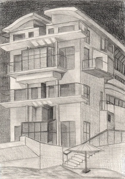 Architektoniczny Rysunek Ołówka Budynku Widok — Zdjęcie stockowe