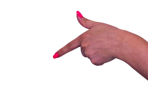 Μαύρο Γυναικείο Χέρι Σημείο Δάχτυλο Χειρονομίες Γυναίκα Δείχνει Εικονικό Αντικείμενο — Φωτογραφία Αρχείου