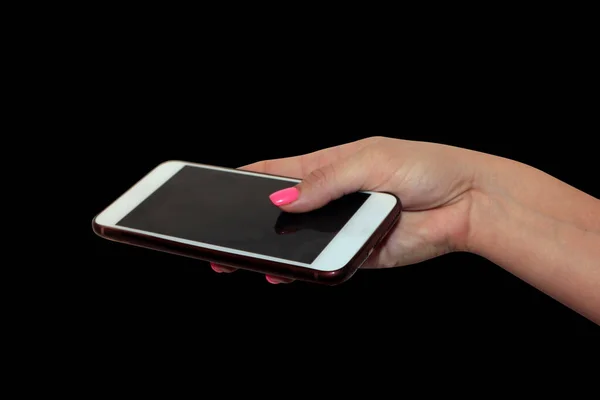 Mão Oferecendo Telefone Isolado Fundo Escuro Palma Darkphone Para Texto — Fotografia de Stock