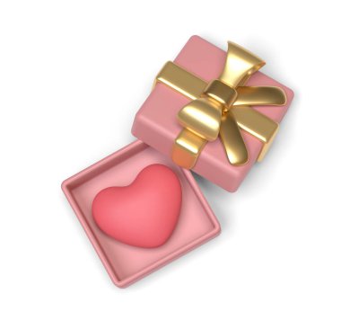 Açık hediye kutusunda pembe kalp. Üst Manzara. 3d resim