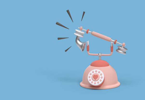 Pink cartoon phone ringing on a blue background. 3D image