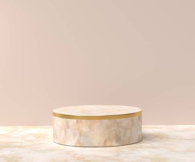 Pastel bej arka planda mermer bir podyum. 3B resim