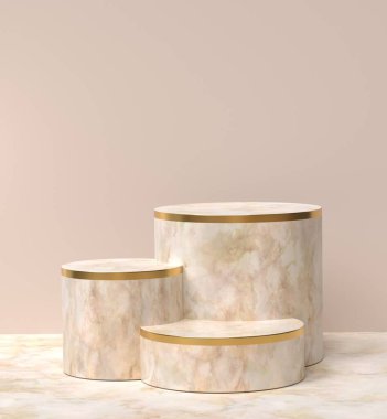 Pastel bej arka planda mermer bir podyum. 3B resim