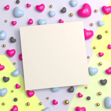 Sevgililer Günü ilanı, fotokopi alanı olan tebrik kartı. 3B illüstrasyon.