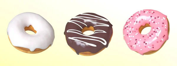 Three Different Donuts Yellow Background Illustration — Foto Stock