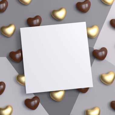 Poster, flyer, greeting card with chocolate hearts and copy space. 3D illustration.