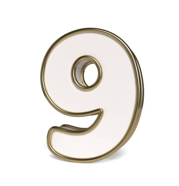 3D numbers in white and gold colors. Number 9. Collection. 