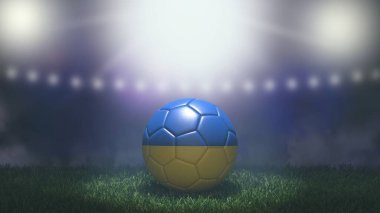 Parlak bulanık stadyum arka planında bayrak renginde futbol topu. Ukrayna. 3B resim